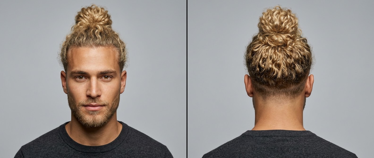 Front and back view of a young man with olive skin and a short beard wearing a blonde, curly top knot with high 0mm shaved sides.
