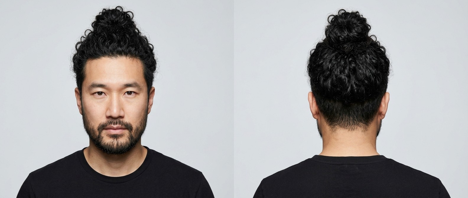 Homme asiatique d'une trentaine d'années avec un top knot bouclé, nuque dégradée et barbe pleine, vu de face et de dos.