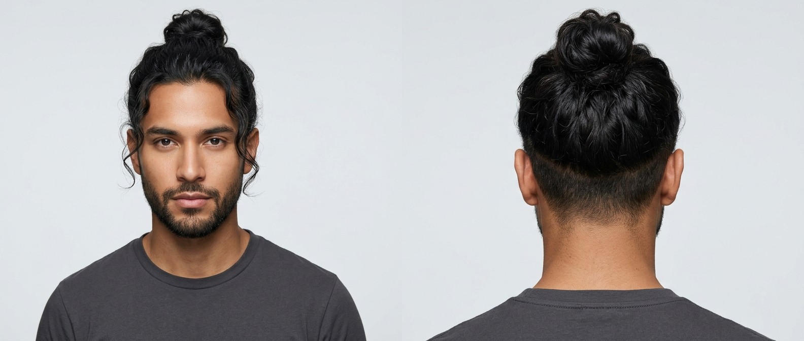 Homme latino au visage ovale portant un top knot ondulé avec undercut haut, mèches encadrant le visage et barbe courte. Vues de face et de profil.
