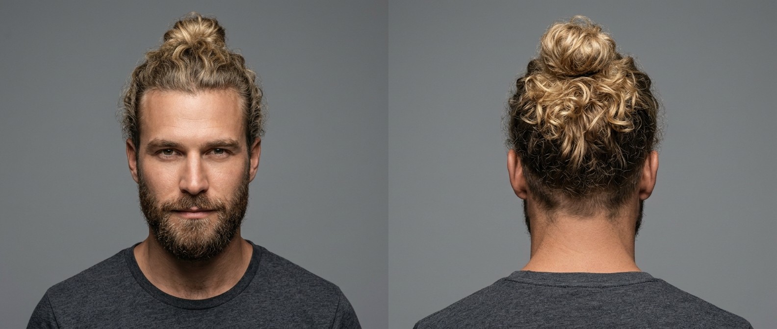 Vue de face et de dos d'un homme aux cheveux blonds bouclés épais coiffés en top knot, avec une barbe fournie.