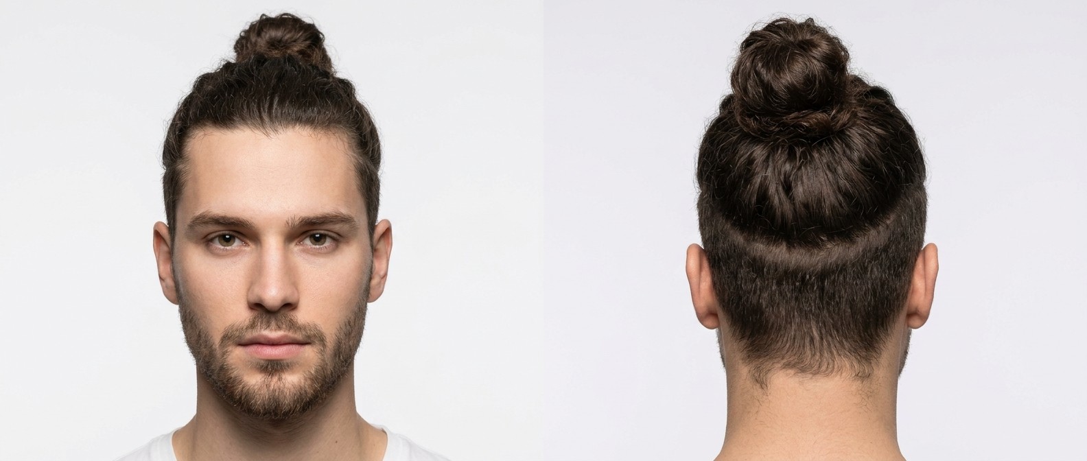 Jeune homme avec barbe courte portant un undercut déconnecté et un top knot, côtés rasés et cheveux bouclés bruns attachés en chignon haut.