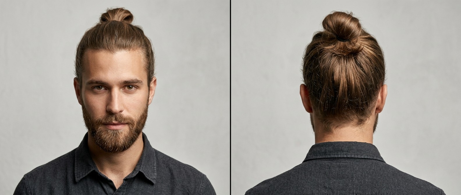 Homme caucasien au visage en losange avec barbe fournie et cheveux châtain clair lisses attachés en top knot sur fond gris.