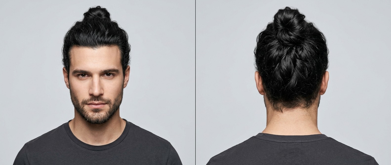 Jeune homme à la mâchoire carrée et barbe courte portant un top knot ondulé texturé sur cheveux noirs épais.