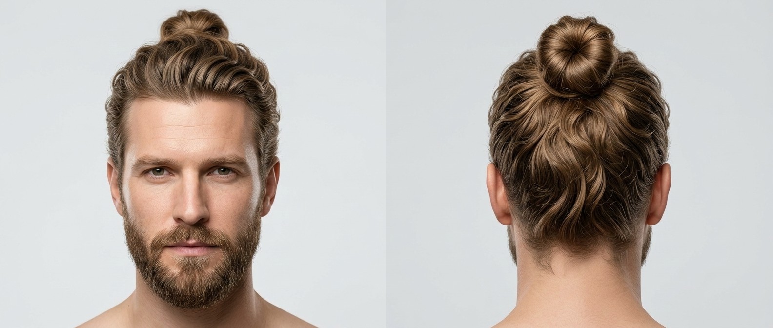 Vue de face et de dos d'un homme caucasien avec une barbe épaisse et un top knot ondulé châtain clair.