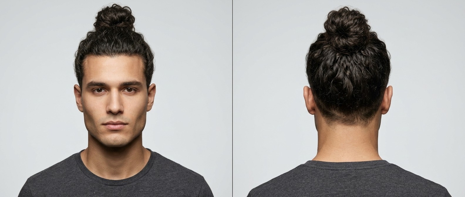 Vue de face et de dos d'un jeune homme avec un top knot bouclé et un undercut court, cheveux bruns épais.