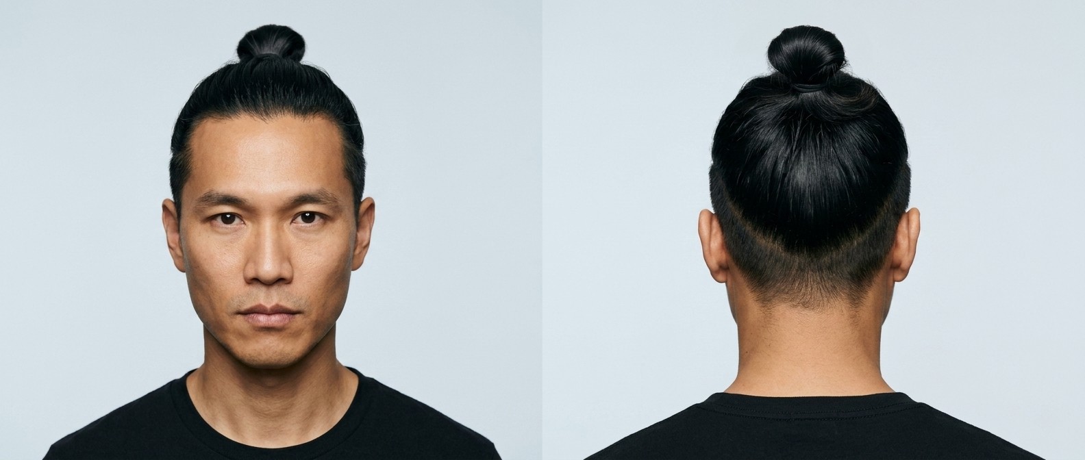 Homme asiatique de 35-45 ans avec un top knot sleek et undercut déconnecté, vue de face et de dos.