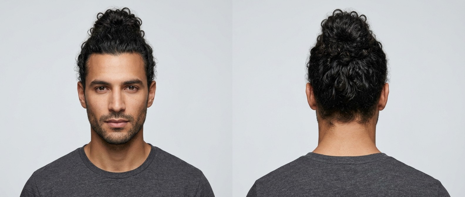 Vue de face et de dos d'un homme de 25-35 ans avec un top knot bouclé, cheveux noirs type 3 tirés, widow's peak et barbe légère.