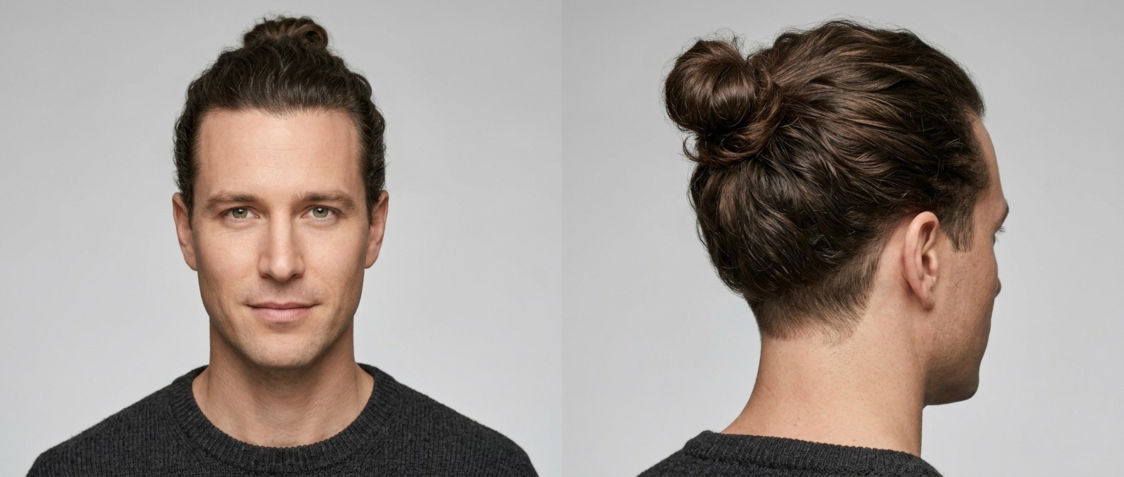 Man with a dark brown wavy top knot and clean shaved skin undercut, showing front and back profile.