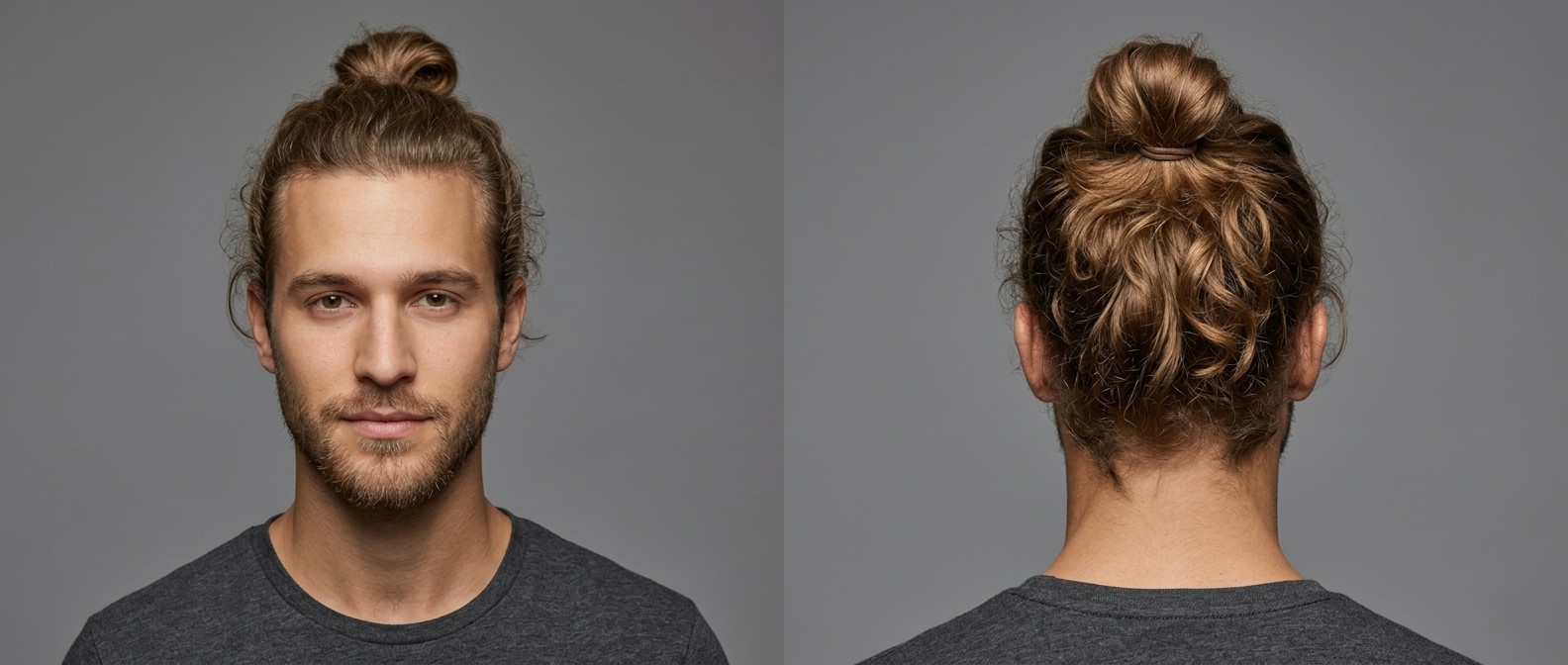 Front and back view of a young man with a short beard wearing a wavy, light brown top knot with full-length sides swept back into a looped bun.