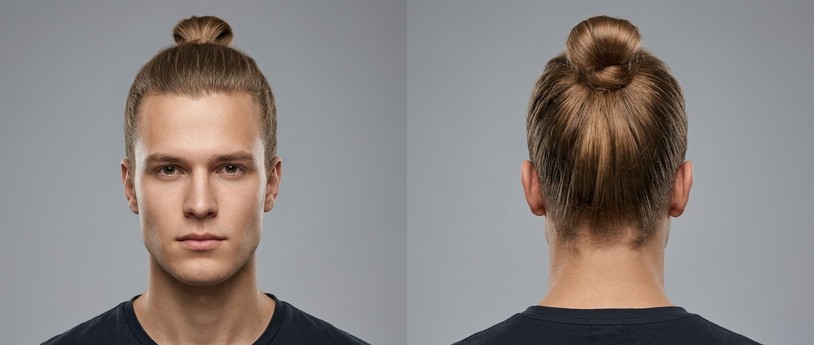 Front and back view of a young man with a square face and light brown straight hair styled into a sleek, full-length top knot positioned at the crown.