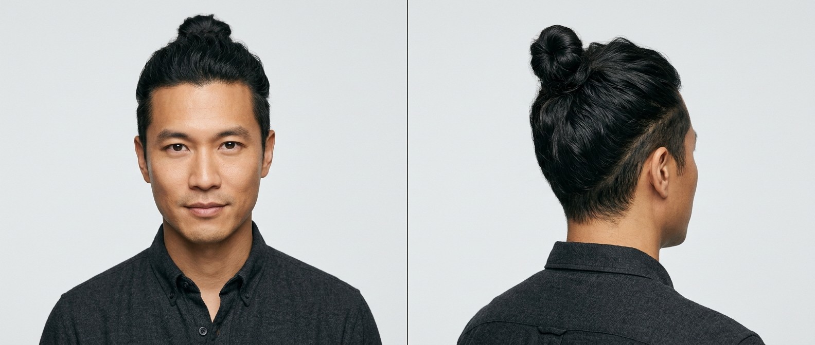 Homme asiatique d'une trentaine d'années avec un visage ovale, portant un top knot déconnecté avec undercut très court et cheveux noirs ondulés.