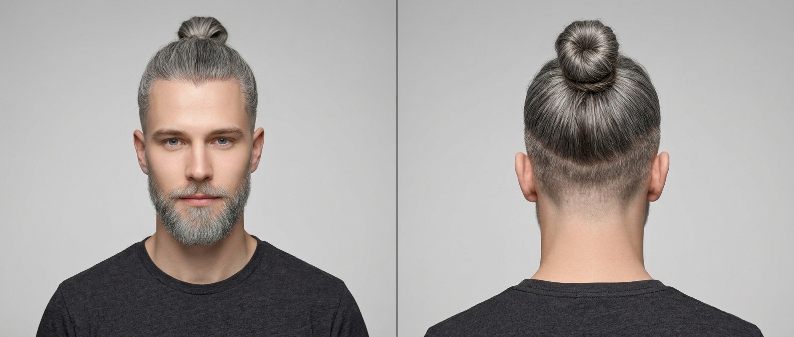 Young man with straight silver hair styled in a tight top knot with a skin-shaved disconnected undercut and a groomed short gray beard.