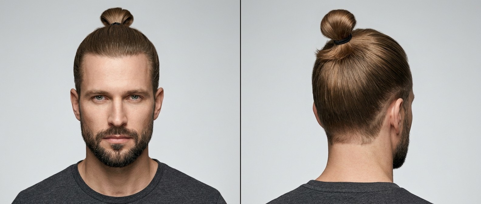 Front and back view of a Caucasian man with a short beard wearing a sleek, disconnected undercut top knot with a looped bun.