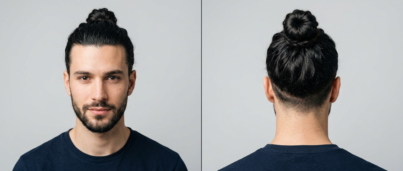 Front and back view of a young man with a black wavy top knot, high skin undercut fade, and short beard, demonstrating a casual disconnected hairstyle.
