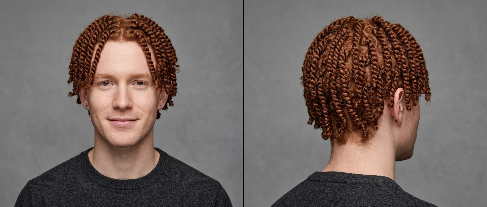 Young Caucasian man with thick red curly hair styled in medium-length two-strand twists with a center part, facing forward and side profile.