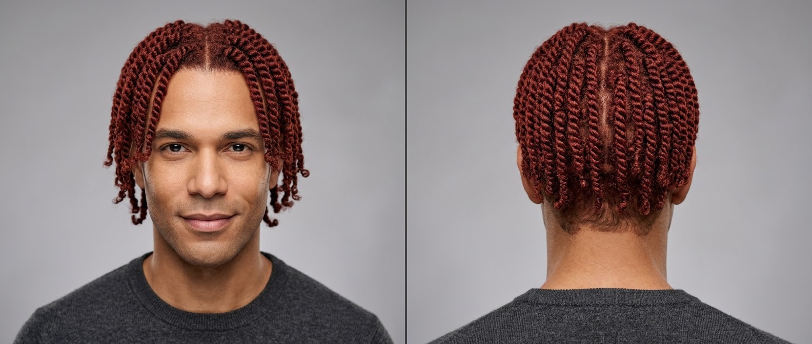 A 35-45 year old man with medium skin showcasing deep red, uniform two-strand twists parted down the middle, viewed from the front and back.