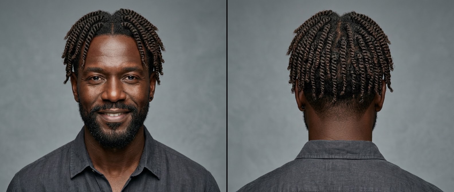 Mature Black man with thick two-strand twists, a sharp center part, a tapered nape, and a well-groomed beard, displaying both front and back views.