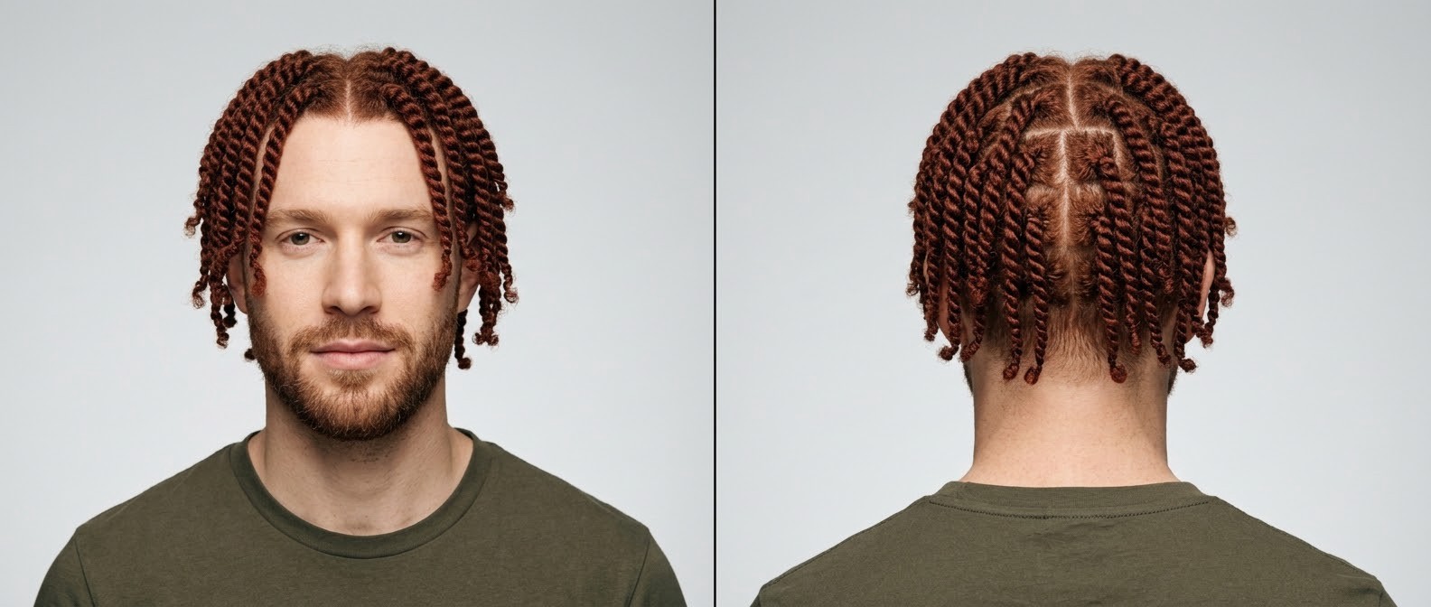 Front and back view of a Caucasian man with a short beard wearing vibrant red two-strand rope twists with a center part and box-sectioned crown.