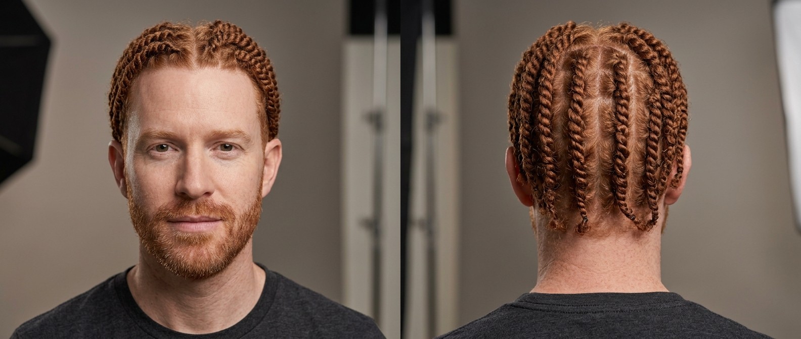 Hombre de 45+ años con barba corta y two-strand twists rojos, particiones precisas y línea de cabello natural.