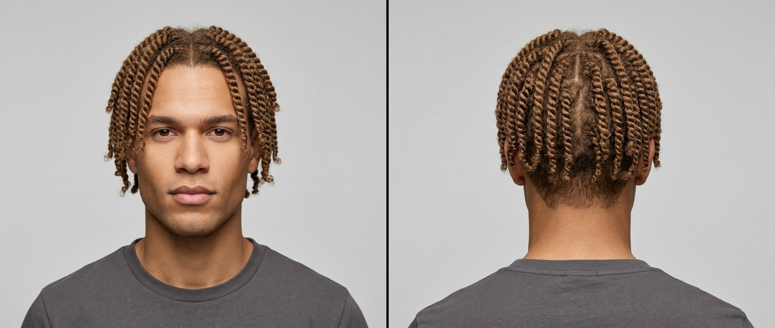 Joven con cabello tipo 4 castaño claro peinado con twists de dos cabos de longitud media y raya al medio.