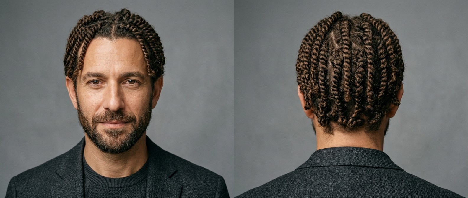 Hombre maduro de piel oliva y cabello castaño con twists de dos cabos, raya al medio y barba bien recortada, vestido con un blazer gris.