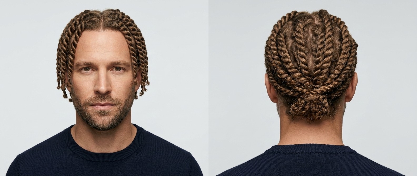 Hombre de 35-45 años con rope twists castaños, raya central, moño bajo y barba corta bien cuidada.