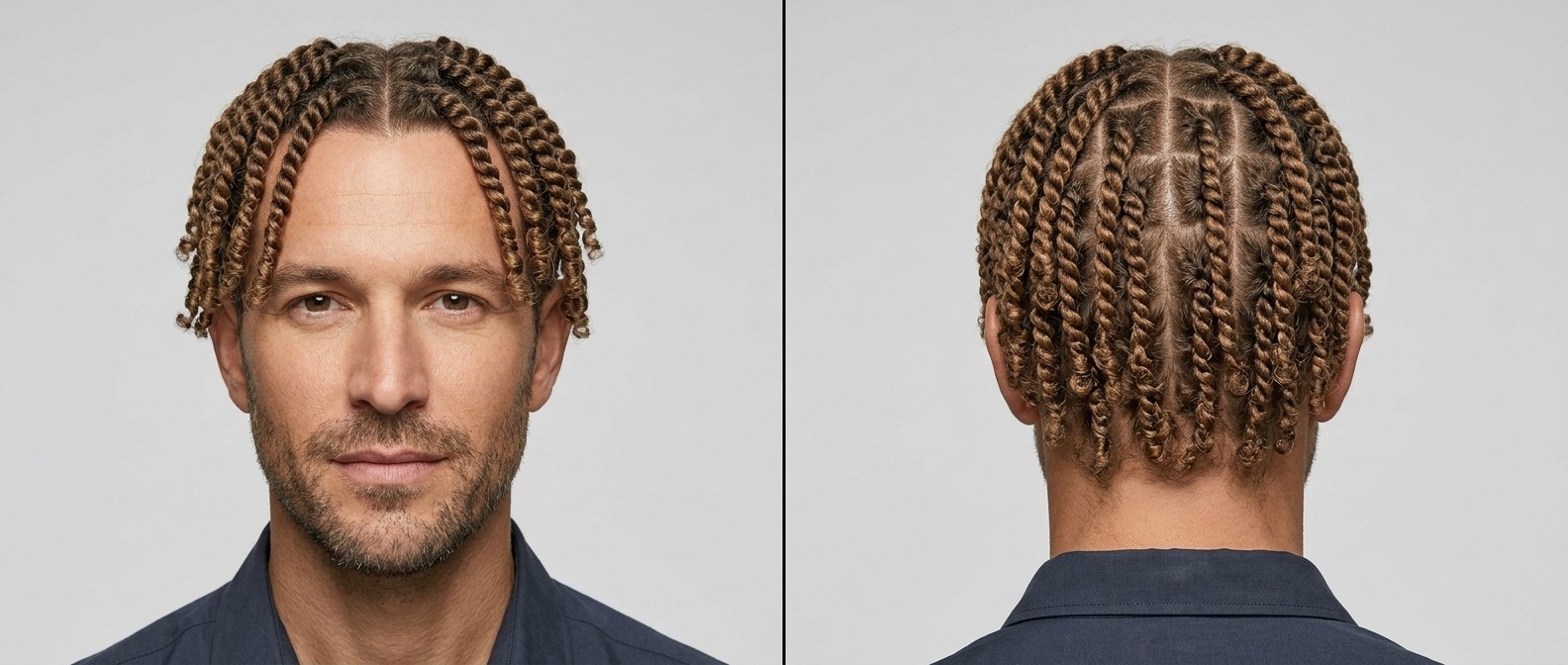 Vista frontal y posterior de un hombre de más de 45 años con cabello rizado tipo 3 castaño claro, peinado con two-strand box twists precisos y raya al medio.