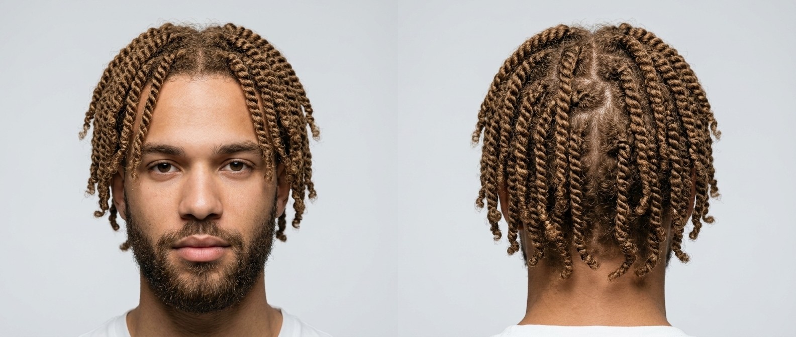 Joven con cabello tipo 4 castaño claro peinado en twists de dos cabos simétricos con raya al medio y barba corta perfilada.