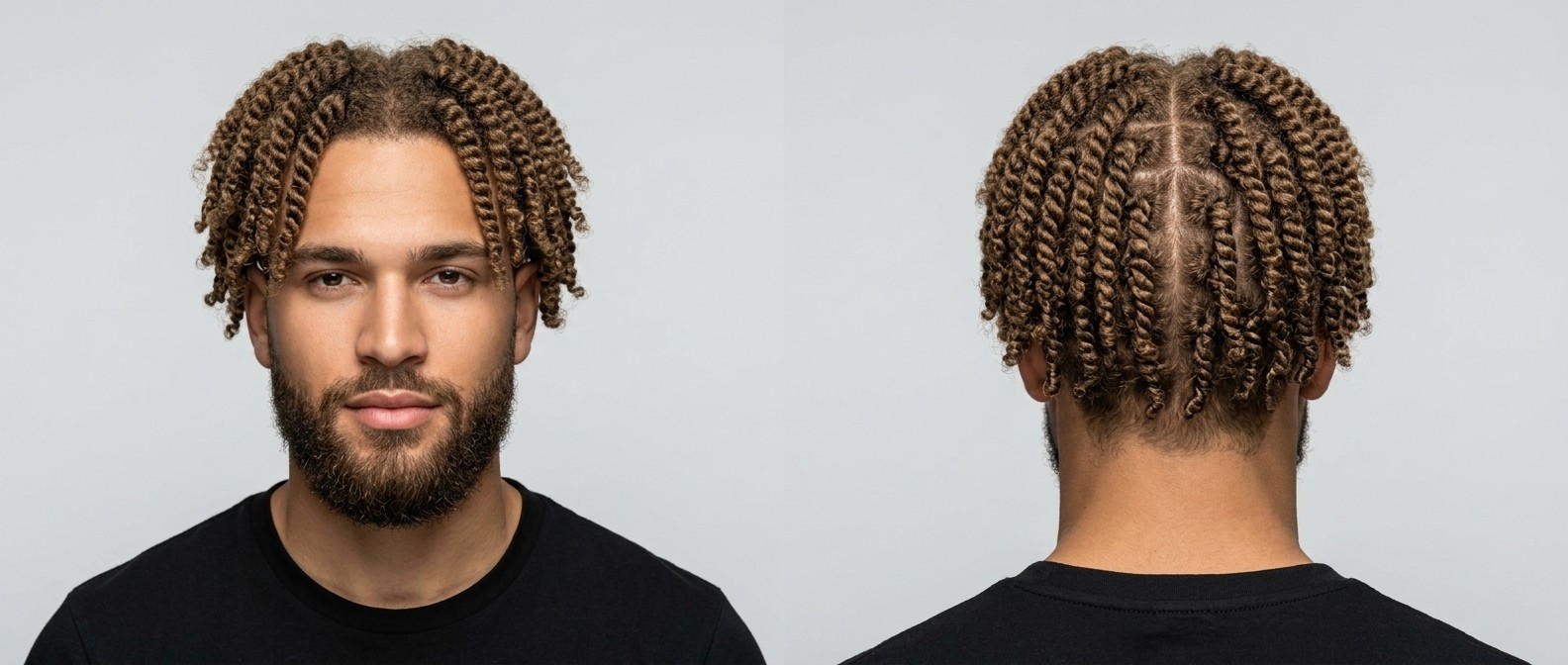 Twists de dos cabos color castaño claro de longitud media con raya al medio y secciones cuadradas en un hombre con barba completa.