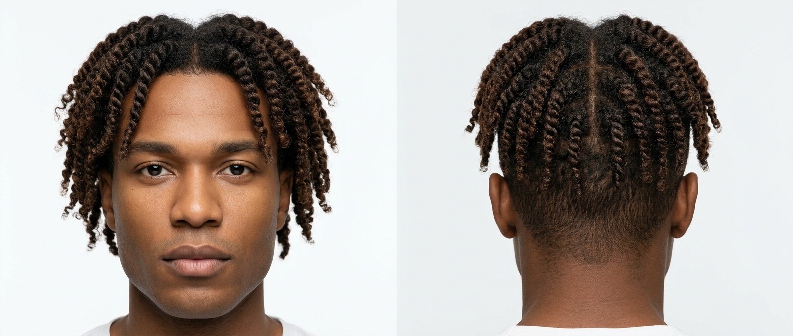 Hombre negro con rostro cuadrado y twists de dos cabos castaños, raya al medio definida y nuca degradada.