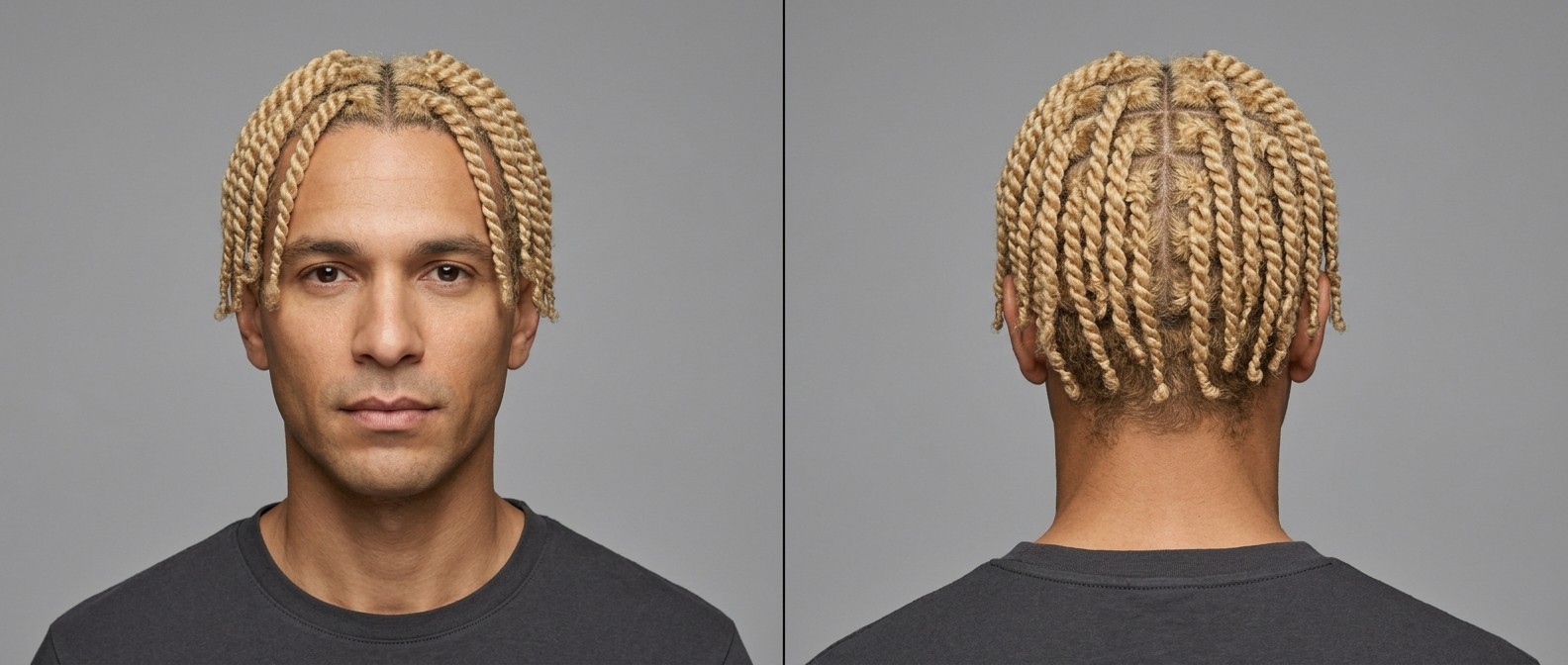 Front and back view of a man with olive skin and blonde, two-strand twists parted down the middle with precise scalp grid sections.