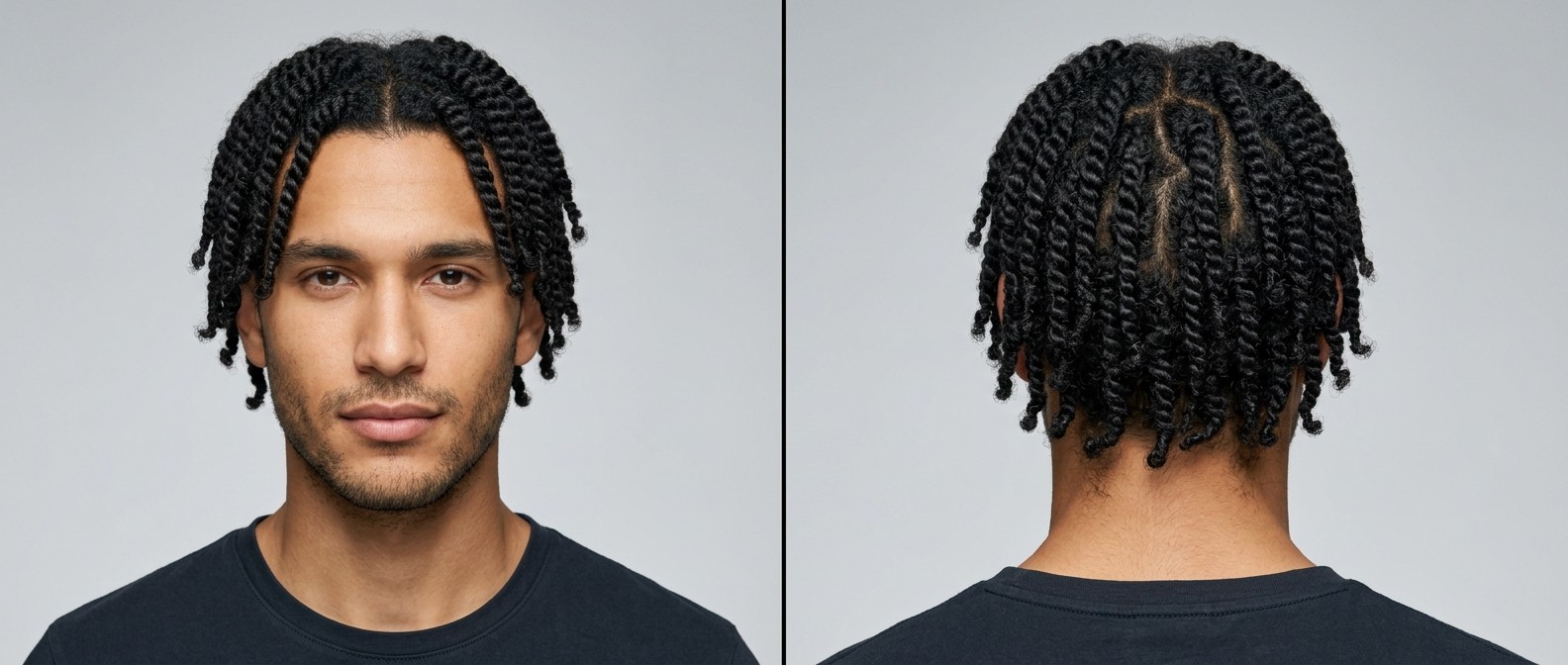 Young man with olive skin and light stubble wearing black, center-parted two-strand twists in dense Type 4 hair, viewed from the front and back.