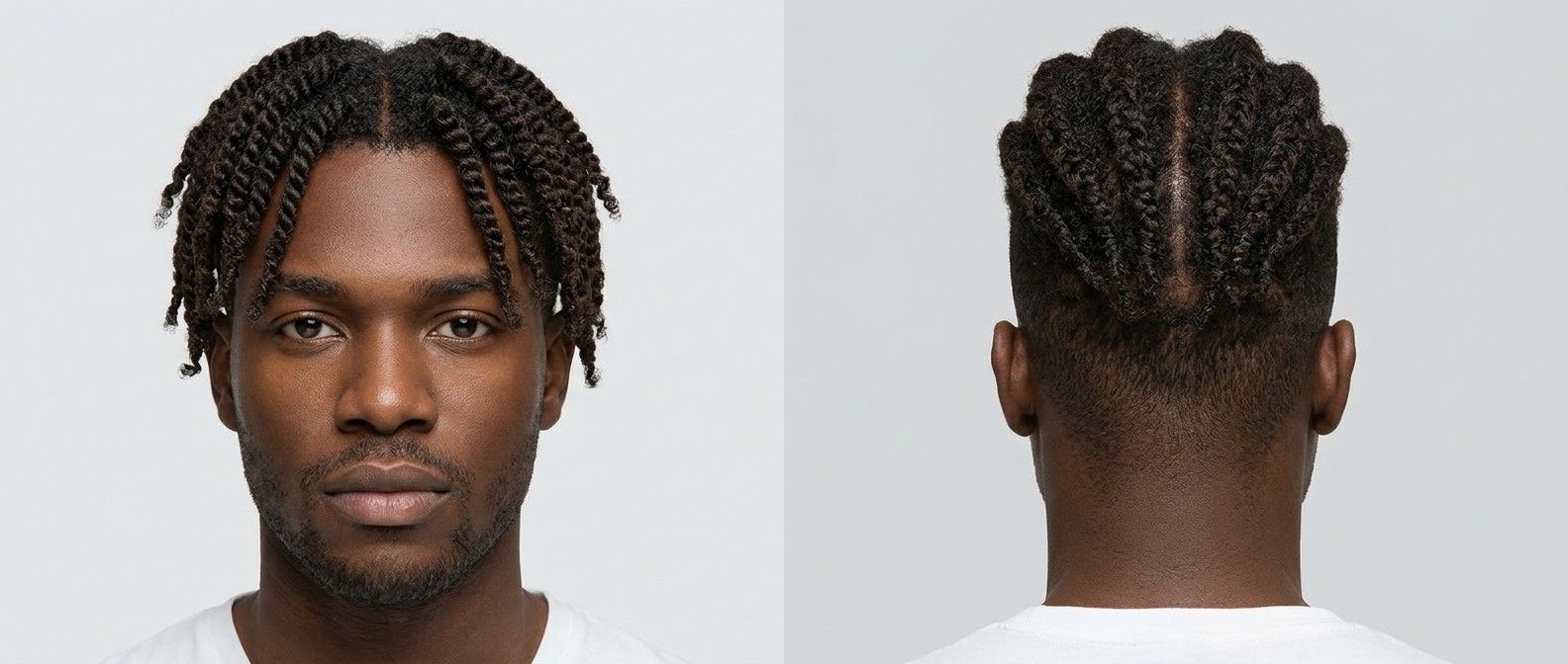 Joven afroamericano con raya al medio, flat twists en la coronilla, two-strand twists frontales y taper fade lateral.