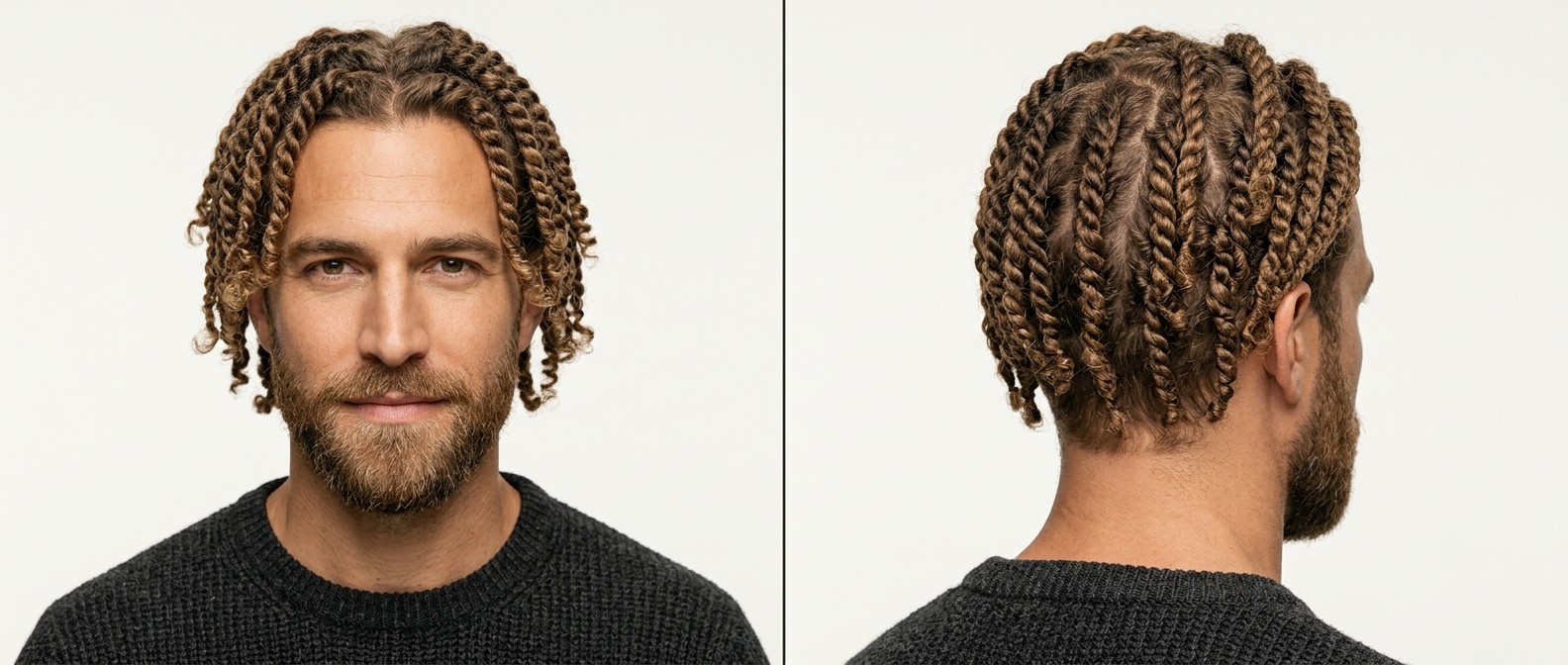 Caucasian man aged 35-45 with a short beard showcasing medium-length, light brown two-strand twists with clean scalp partings on a white background.