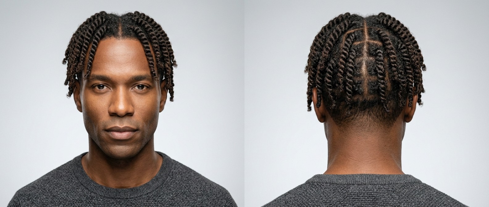 Front and back view of a Black man with a diamond face shape wearing neat two-strand twists with a center part and a low taper fade at the nape.