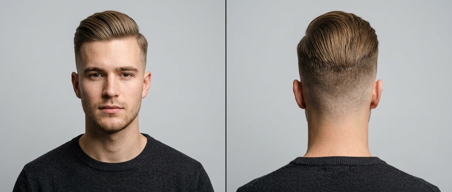 Front and back view of a young man with a slicked-back disconnected undercut, featuring a high skin fade and medium-length straight top hair.