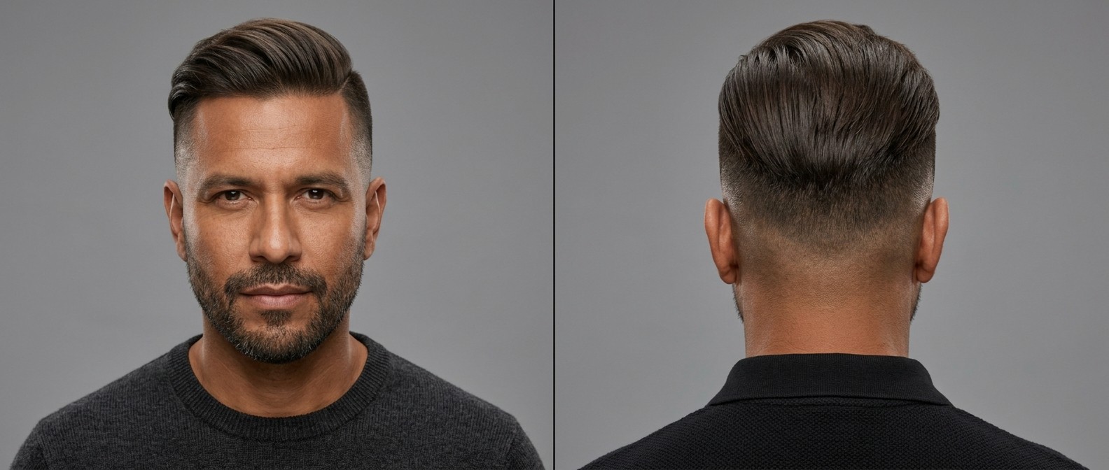 Profil d'un homme mature avec un undercut déconnecté, dégradé à blanc, cheveux texturés vers l'arrière et barbe courte.