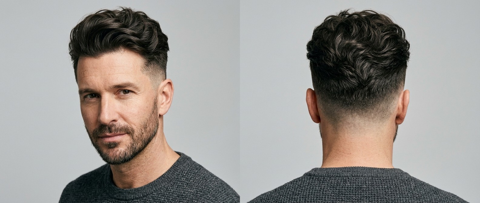 Middle-aged professional man sporting a wavy undercut skin fade, featuring a swept-back thick textured top, distinct widow's peak, and neat stubble.