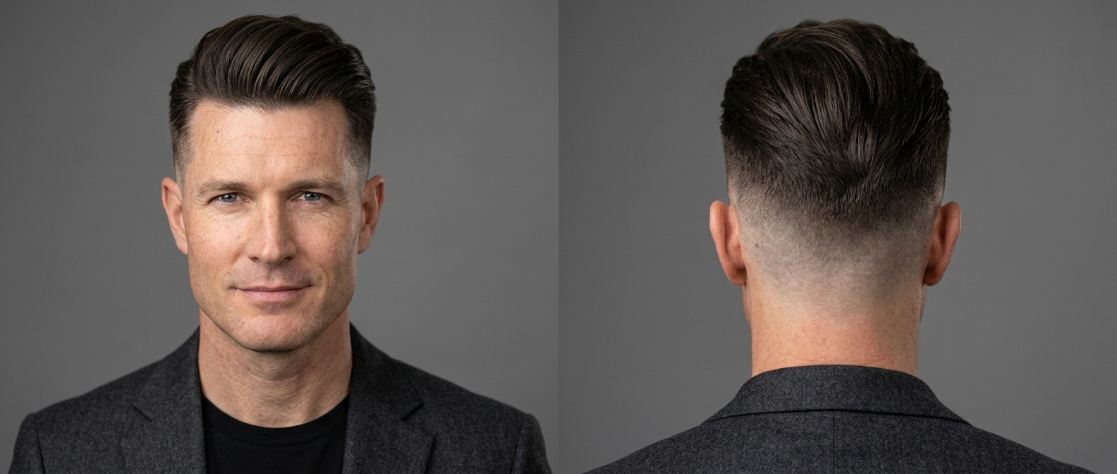 Front and back view of a mature man with a swept-back undercut fade, featuring a voluminous top and tight faded sides for a professional look.