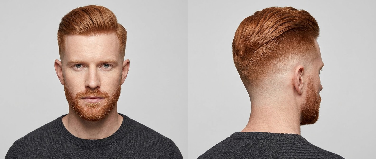 Man with red hair sporting a swept-back undercut with a high skin fade and a short, neatly groomed beard.