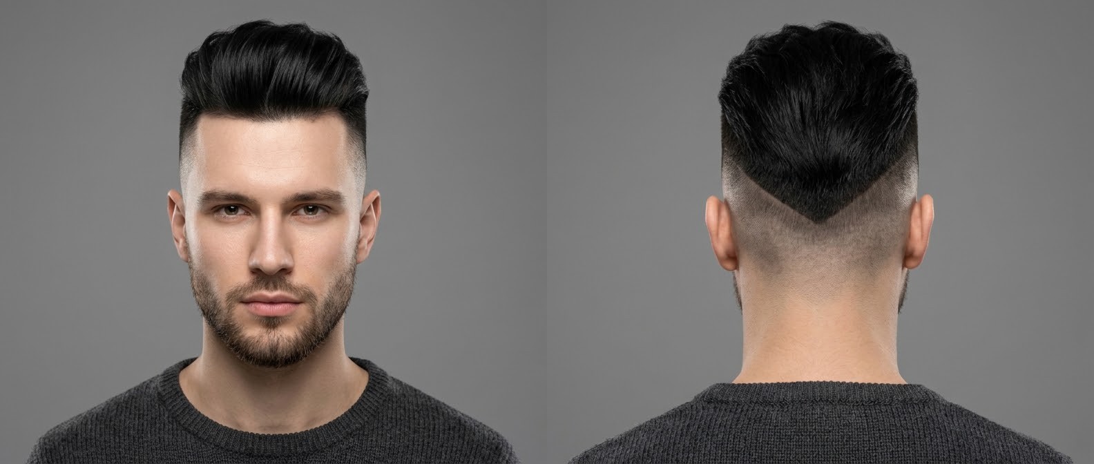 Young man with a voluminous slicked back undercut, featuring a sharp V-shaped skin fade at the back and a short, well-groomed beard.
