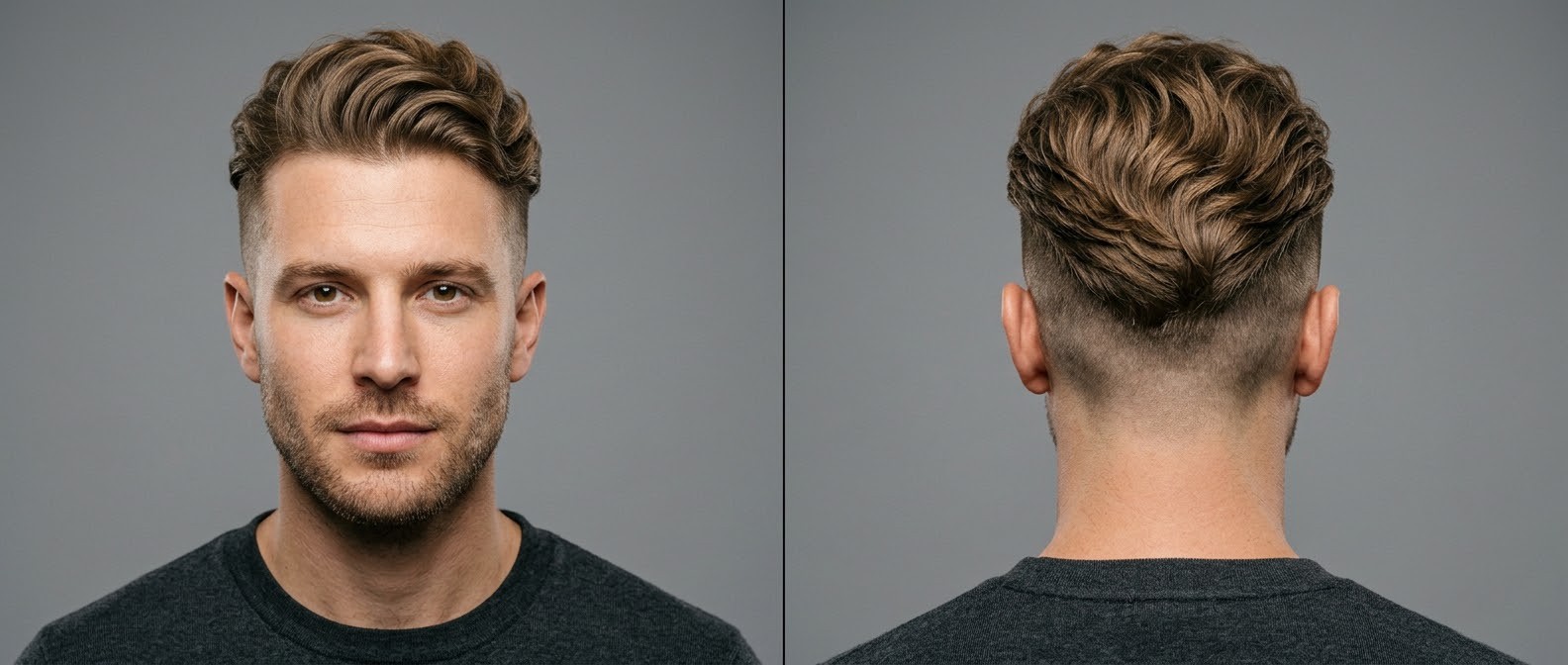 Front and back view of a Caucasian man with a wavy swept-back undercut, featuring long textured hair on top and very short buzzed sides.