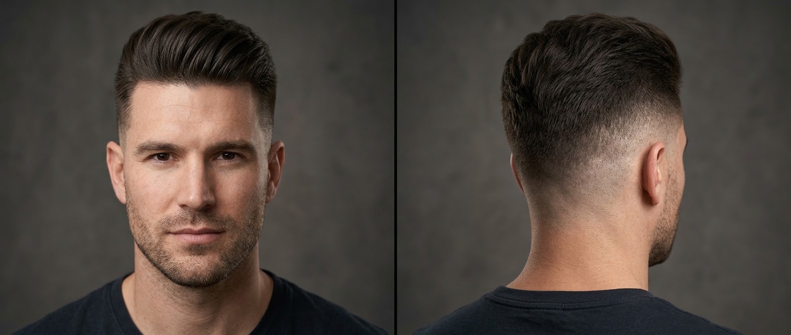 Front and back view of a Caucasian man sporting a swept-back textured undercut with a high skin fade, widow's peak, and light stubble.