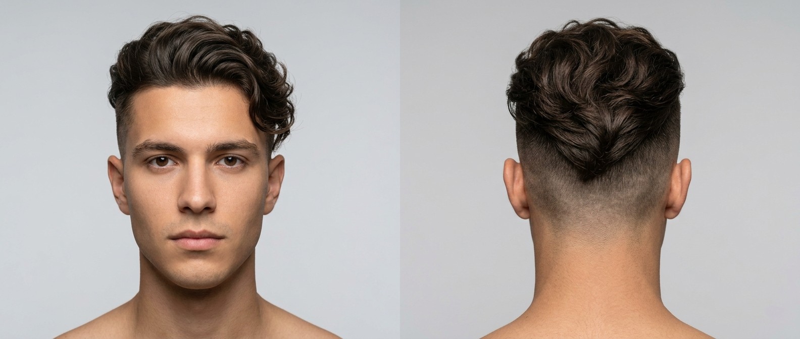 Vue de face et de dos d'un homme avec un undercut wavy déconnecté, côtés rasés à blanc et dessus long en V.