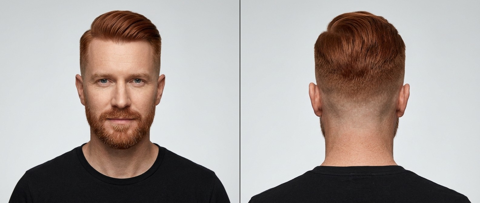 Vue de profil et de face d'un homme mature avec barbe courte, arborant un undercut déconnecté, skin fade et cheveux rouges épais coiffés en arrière.