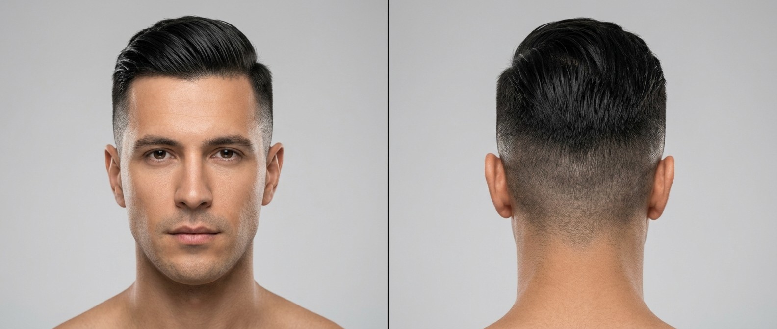 Homme professionnel aux cheveux noirs raides avec un undercut fade classique et des lignes de peigne structurées.
