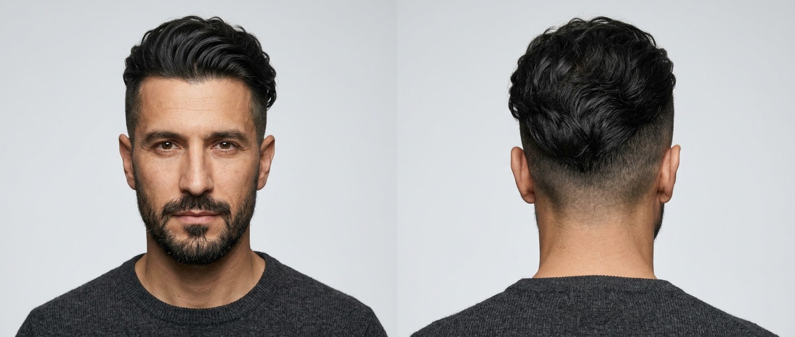 Vue de profil et de dos d'un homme barbu avec un undercut déconnecté, cheveux ondulés coiffés vers l'arrière.