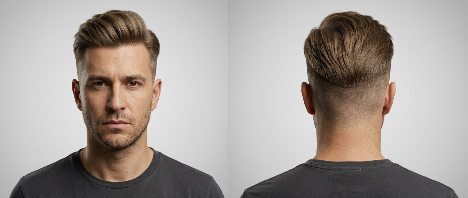 Vue de profil et de dos d'un homme de 40 ans avec un undercut déconnecté, côtés très courts et nuque en V.
