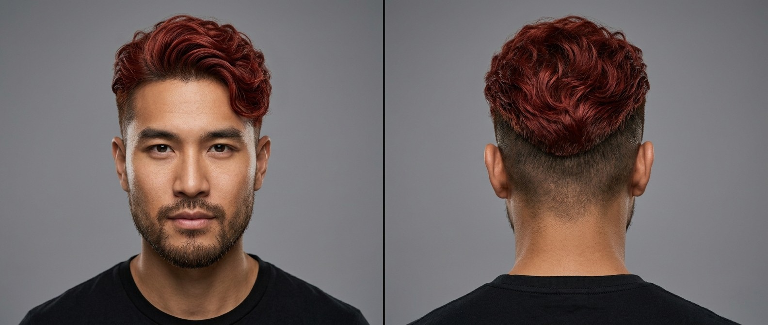 Vue de face et de dos d'un homme asiatique avec un undercut wavy rouge vif, skin fade 0mm et barbe courte.