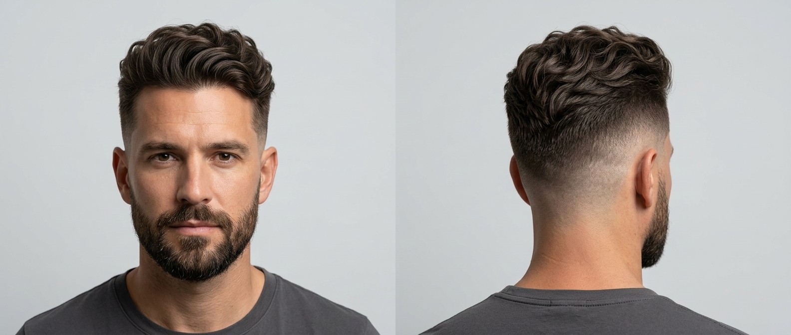 Vue de face et de dos d'un homme aux cheveux bruns ondulés avec undercut, skin fade et barbe bien taillée.